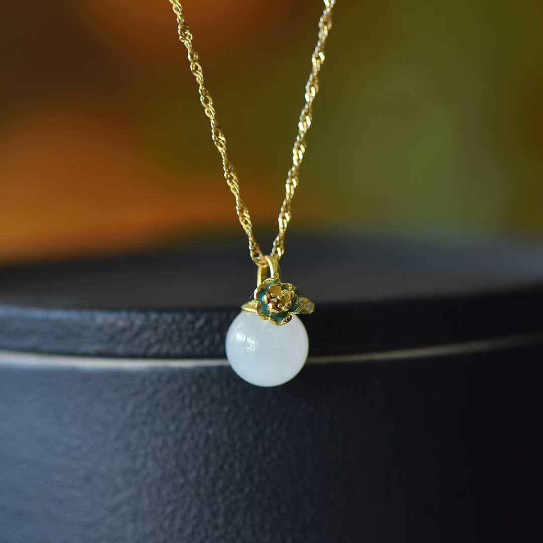 S925 Silver Inlaid Hetian White Nephrite Bead "Flowers Bloom & Fortune Arrives" Minimalist Elegance Jewelry Set