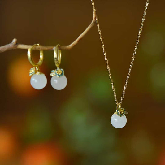 S925 Silver Inlaid Hetian White Nephrite Bead "Flowers Bloom & Fortune Arrives" Minimalist Elegance Jewelry Set