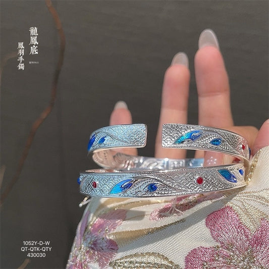 Pulsera de plata de ley esmaltada con mariposa, flor, dragón y fénix