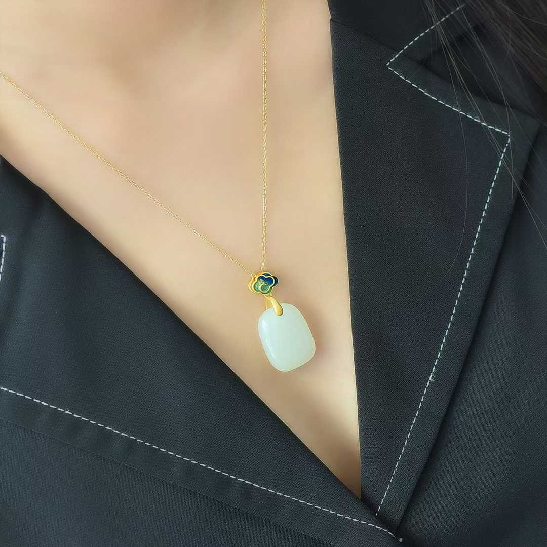 925 Silver-Inlaid Hetian Jade Enamel Pendant with "Ping'an Pai" (Peace Plaque) & "Ruyi" Design