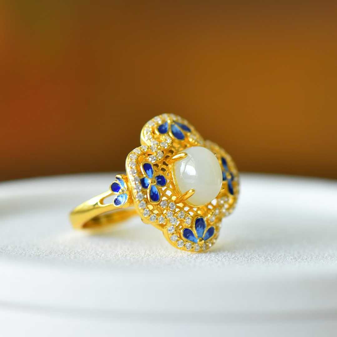 925 Silver-Inlaid Hetian Jade Ring with Filigree, "Ruyi" & Heavy Inlay Design