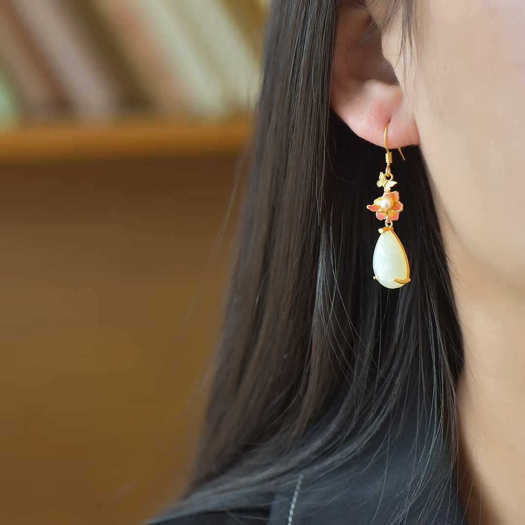 925 Silver Inlaid Nephrite "Butterfly & Flower" Teardrop Earrings
