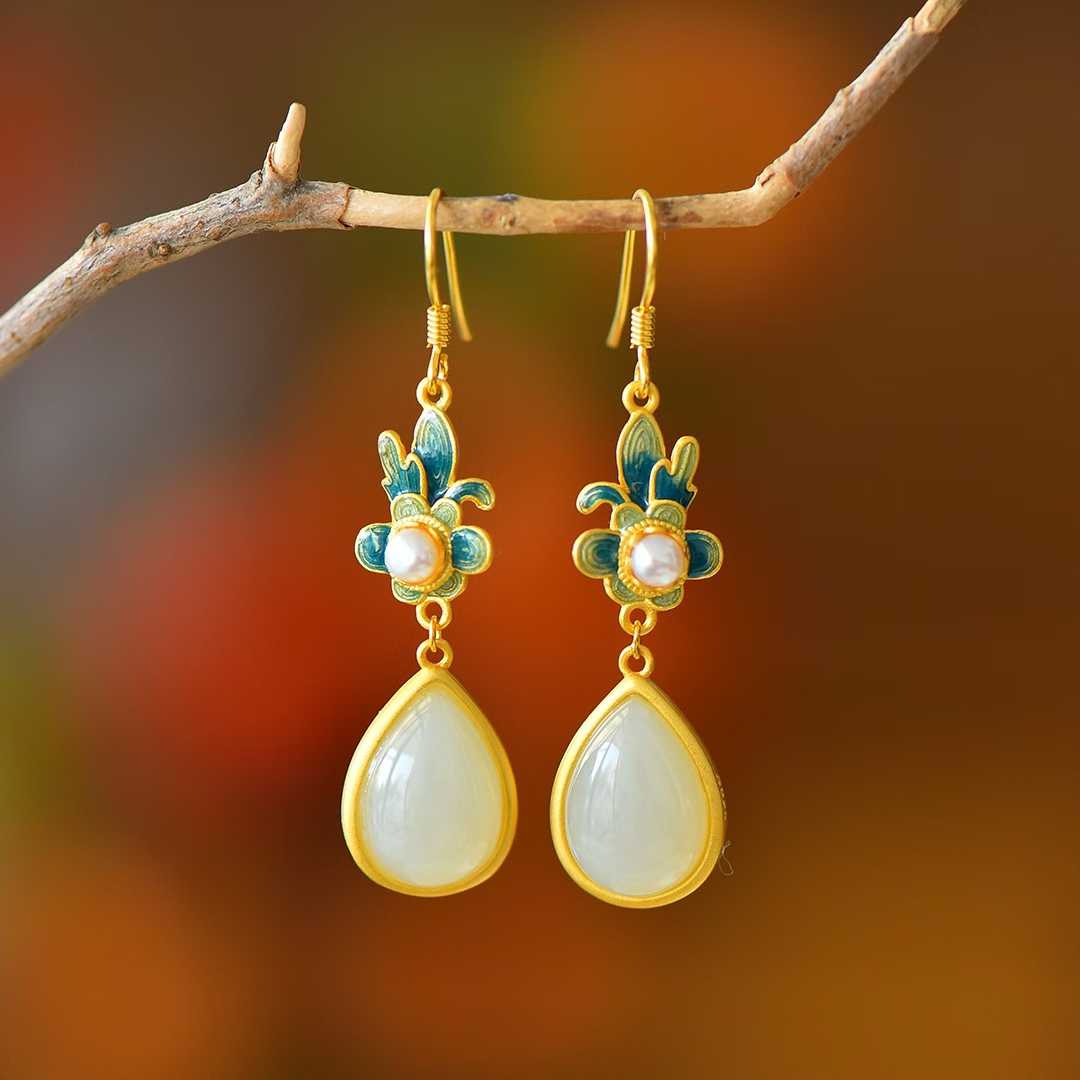 Vintage-Style Silver Inlaid Hetian Nephrite "Lush Orchid" Teardrop Jewelry Set