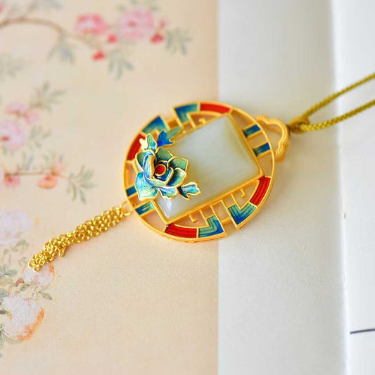 Vintage-Style Silver Inlaid Nephrite Square Enamel Pendant