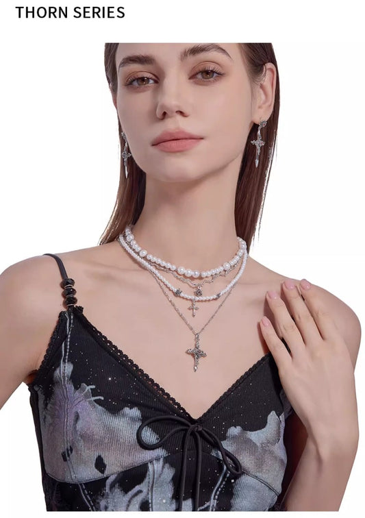 Baroque pearl cross necklace with layered chains