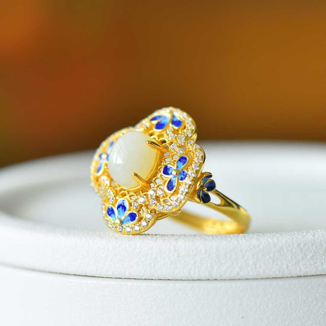 925 Silver-Inlaid Hetian Jade Ring with Filigree, "Ruyi" & Heavy Inlay Design