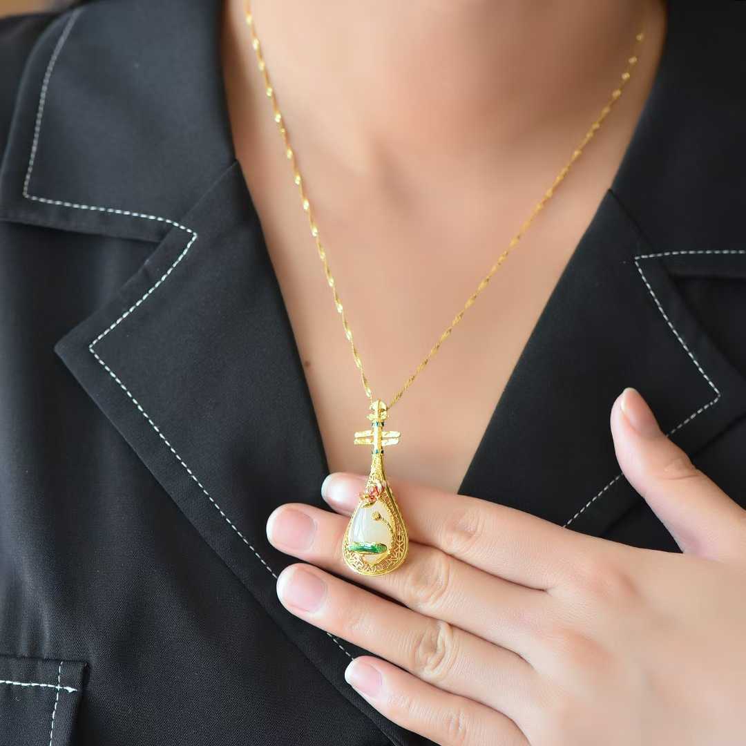 925 Silver-Inlaid Hetian Jade Pendant with "Water Adornments & Wind Garments" Theme & Pipa (Chinese Lute) Design