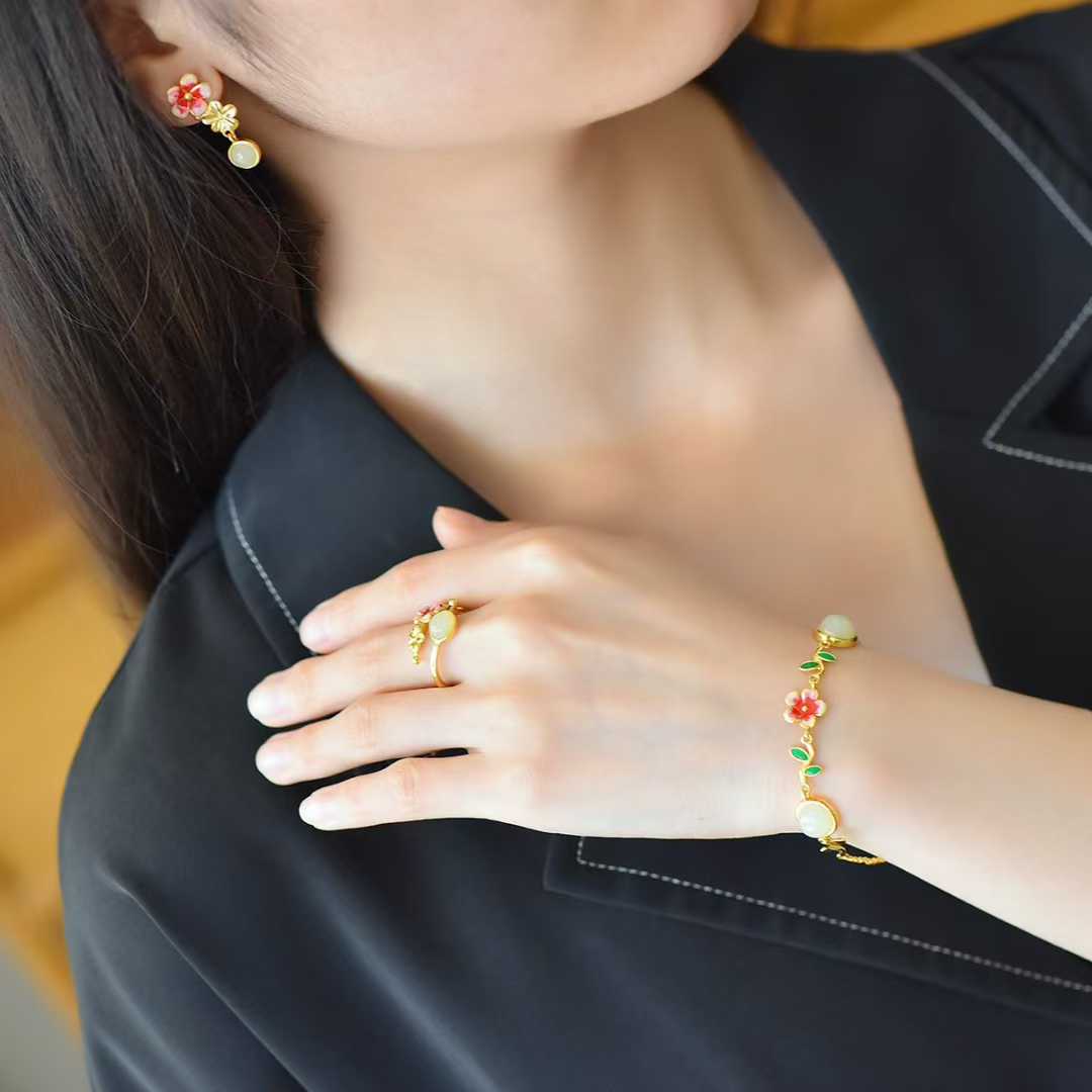 S925 Silver Inlaid Hetian Nephrite "Blossoming Peach Flowers" Minimalist Elegance Jewelry Set