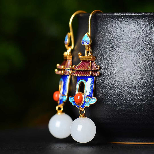 925 Silver Inlaid 10mm White Jade Enamel Earrings