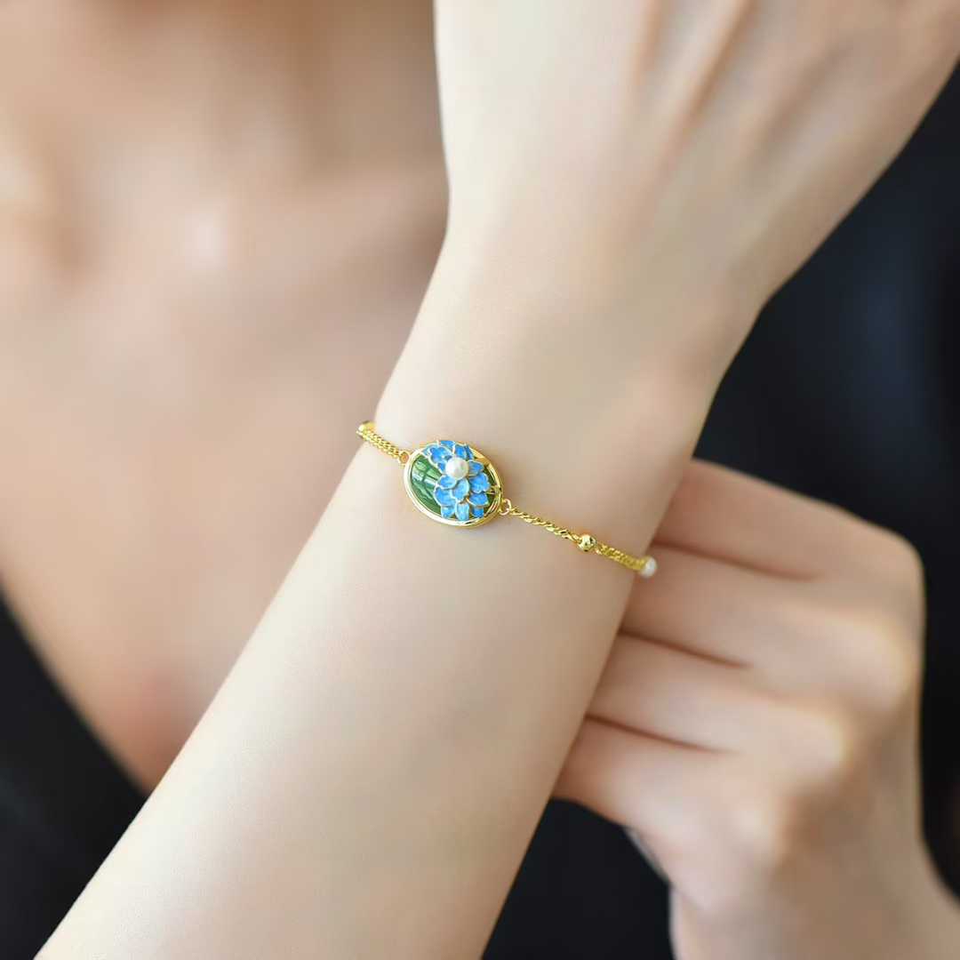 925 Silver Inlaid Hetian Nephrite "Plum Blossom & Joyful Mood" Bracelet