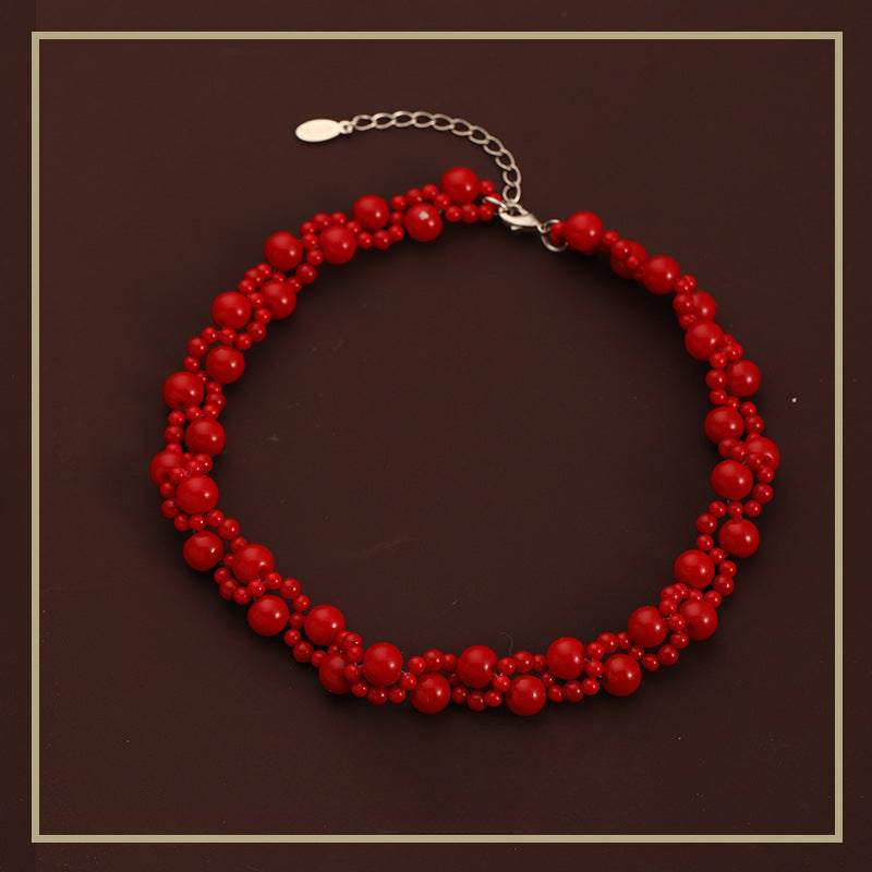 Collar de cuentas rojas trenzadas de doble capa estilo chino retro