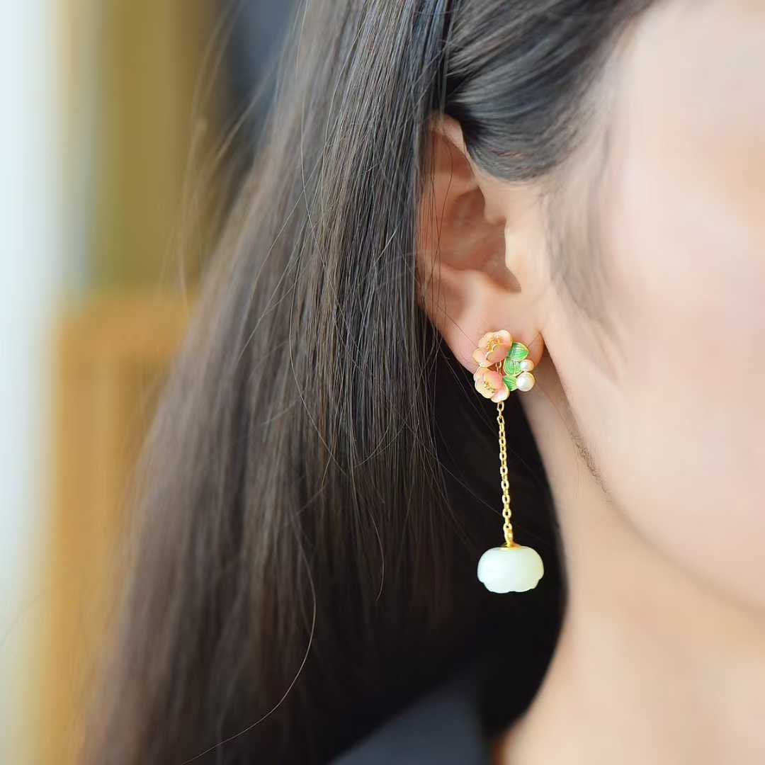 925 Silver Inlaid Hetian Nephrite "Lotus Bead & Lotus Earring" Set