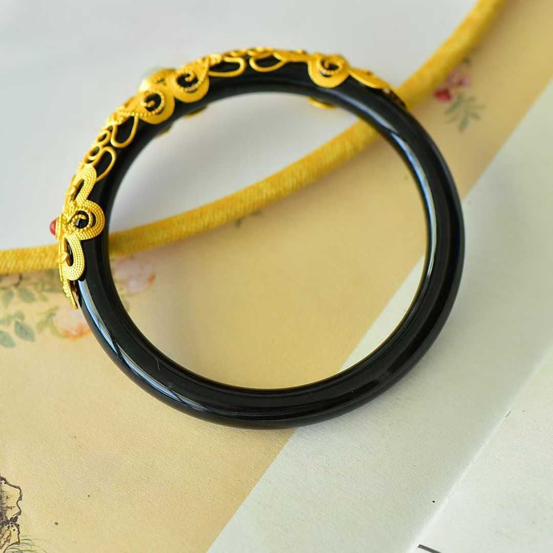 925 Silver Inlaid Hetian Nephrite "Hollowed-Out Cabochon" Bracelet