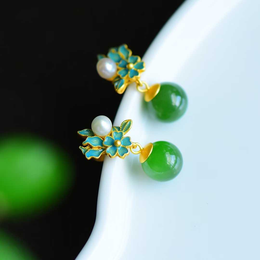 925 Silver Inlaid Nephrite (Green Jade) "Everlasting Flower & Dream Recall" Set