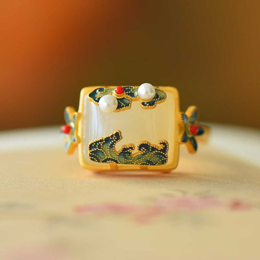 925 Silver Inlaid White Hetian Nephrite "Square Auspicious Clouds & Radiance" Enamel Ring