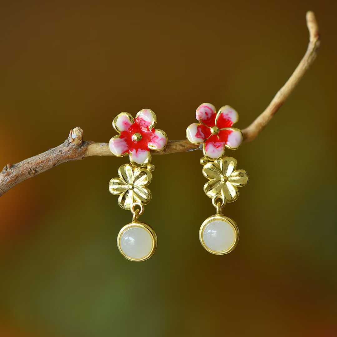 S925 Silver Inlaid Hetian Nephrite "Blossoming Peach Flowers" Minimalist Elegance Jewelry Set