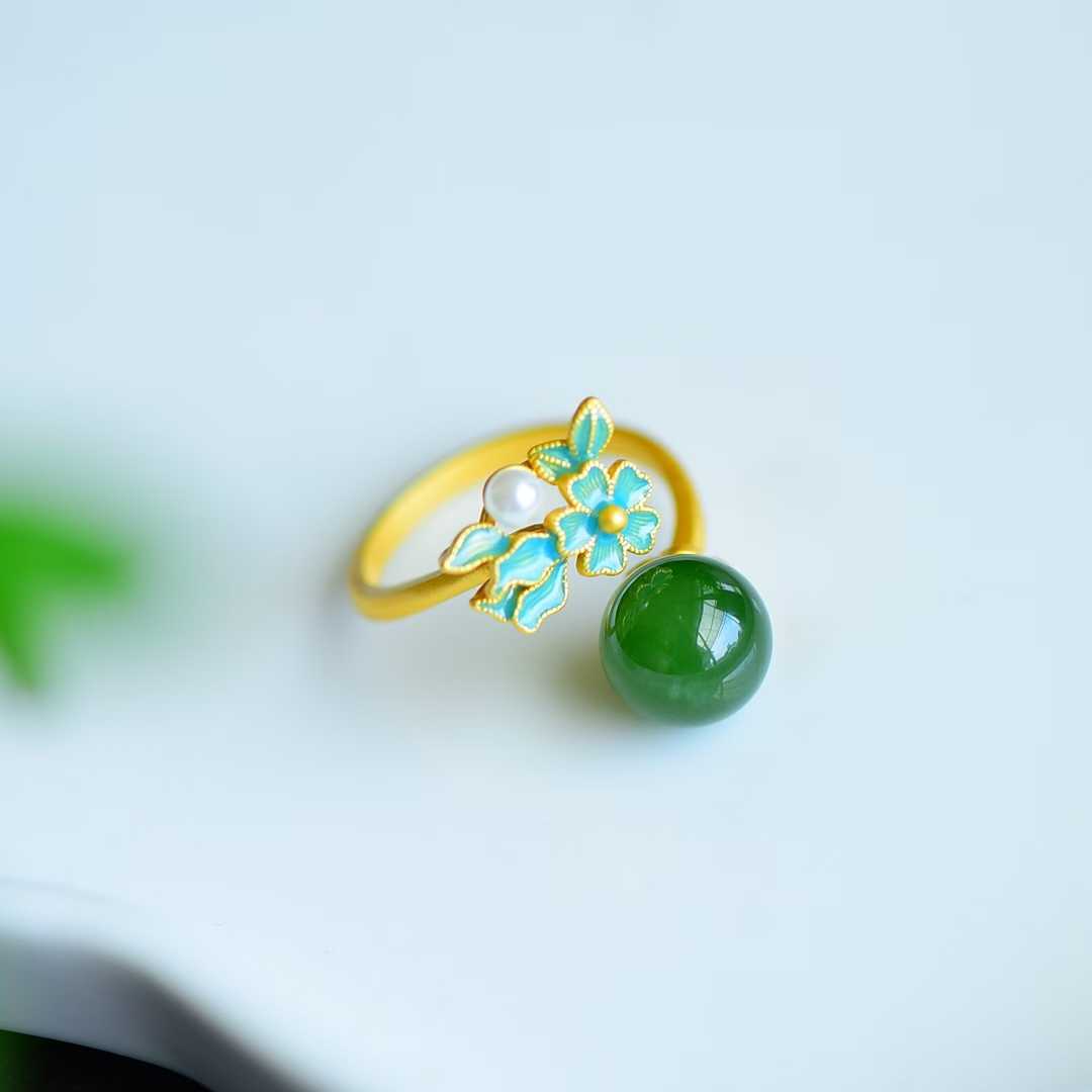 925 Silver Inlaid Nephrite (Green Jade) "Everlasting Flower & Dream Recall" Set