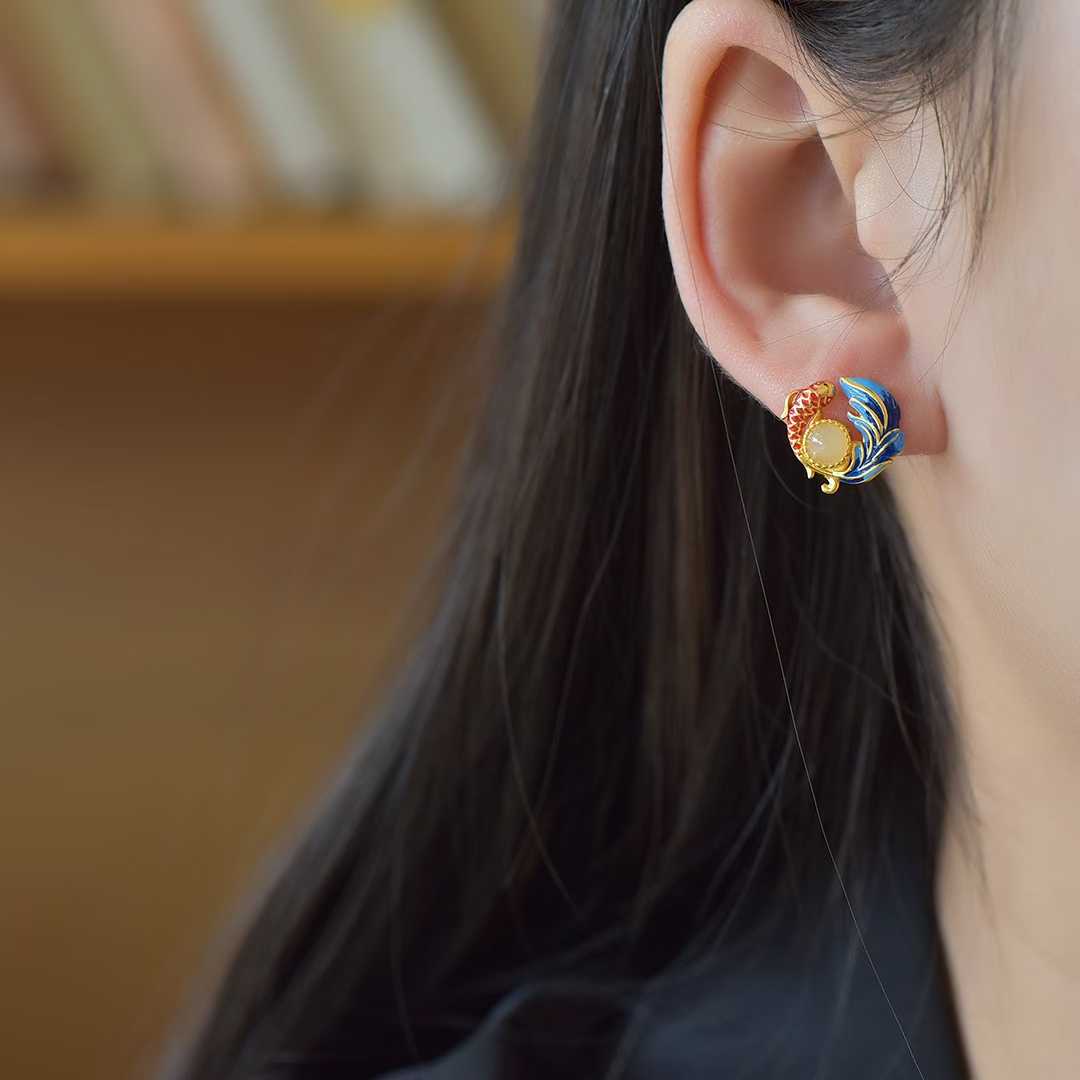 925 Silver Inlaid White Hetian Nephrite "Koi & Luster" Stud Earrings