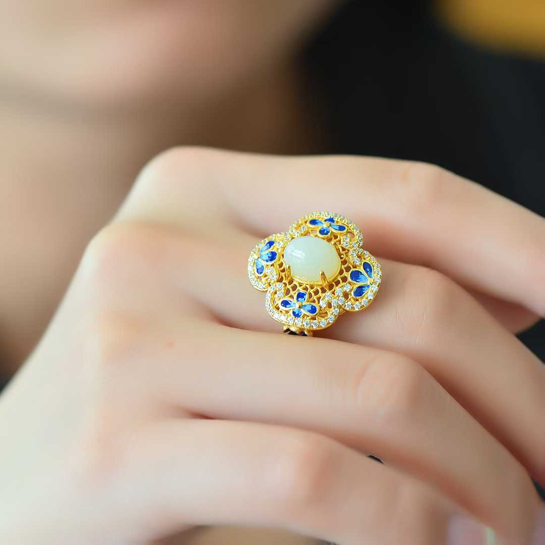 925 Silver-Inlaid Hetian Jade Ring with Filigree, "Ruyi" & Heavy Inlay Design