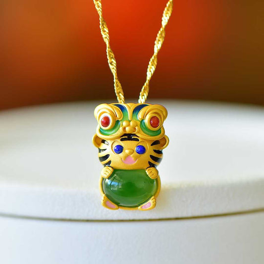 925 Silver-Inlaid Hetian Green Jade Cabochon Pendant with "Auspicious Tiger Exuding Power" Design & Enamel Accents