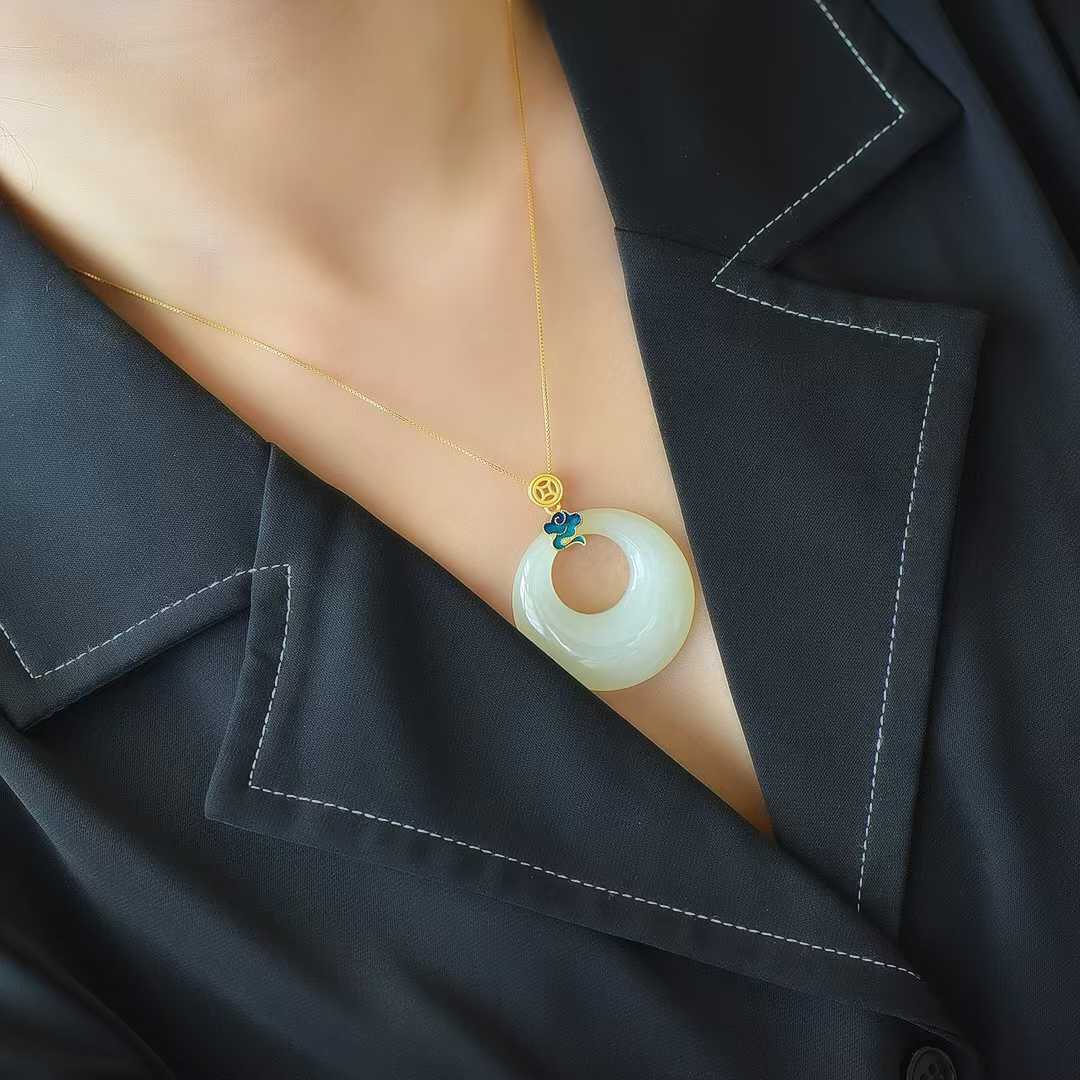 925 Silver-Inlaid Hetian Jade Pendant with "Auspicious Clouds" & "Ping'an Kou" (Peace Buckle) Design