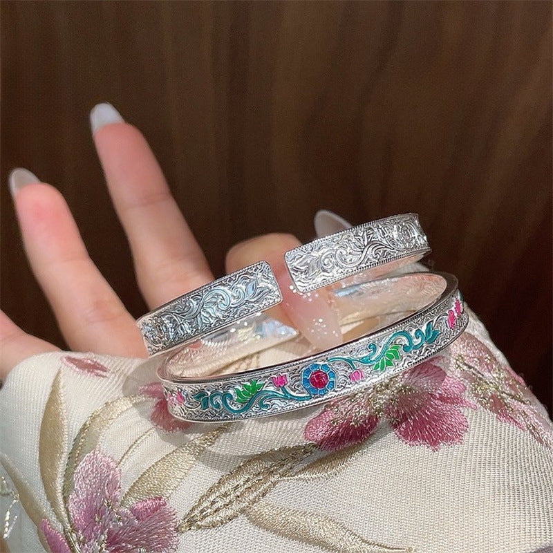 Pulsera de plata de ley esmaltada con mariposa, flor, dragón y fénix