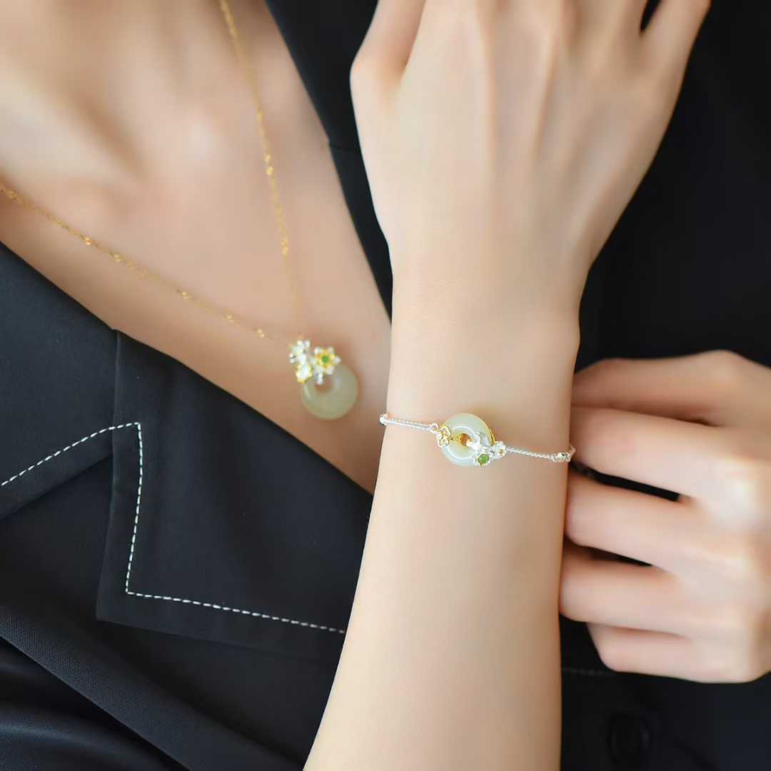 925 Silver Inlaid Hetian Nephrite "June Lotus (Twelve Flower Gods)" Jewelry Set