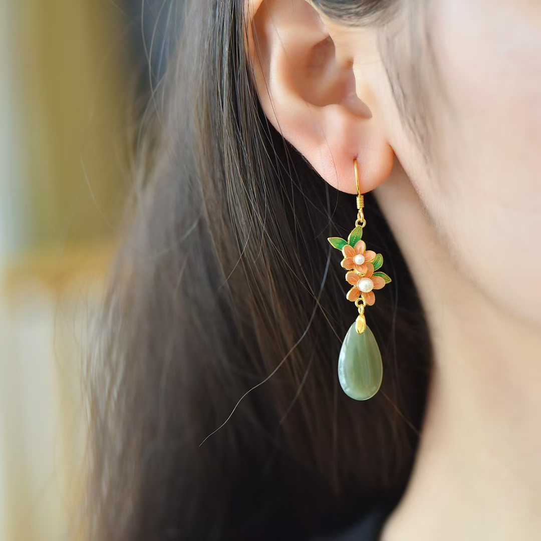 925 Silver Inlaid Hetian Nephrite Plum Blossom Earrings