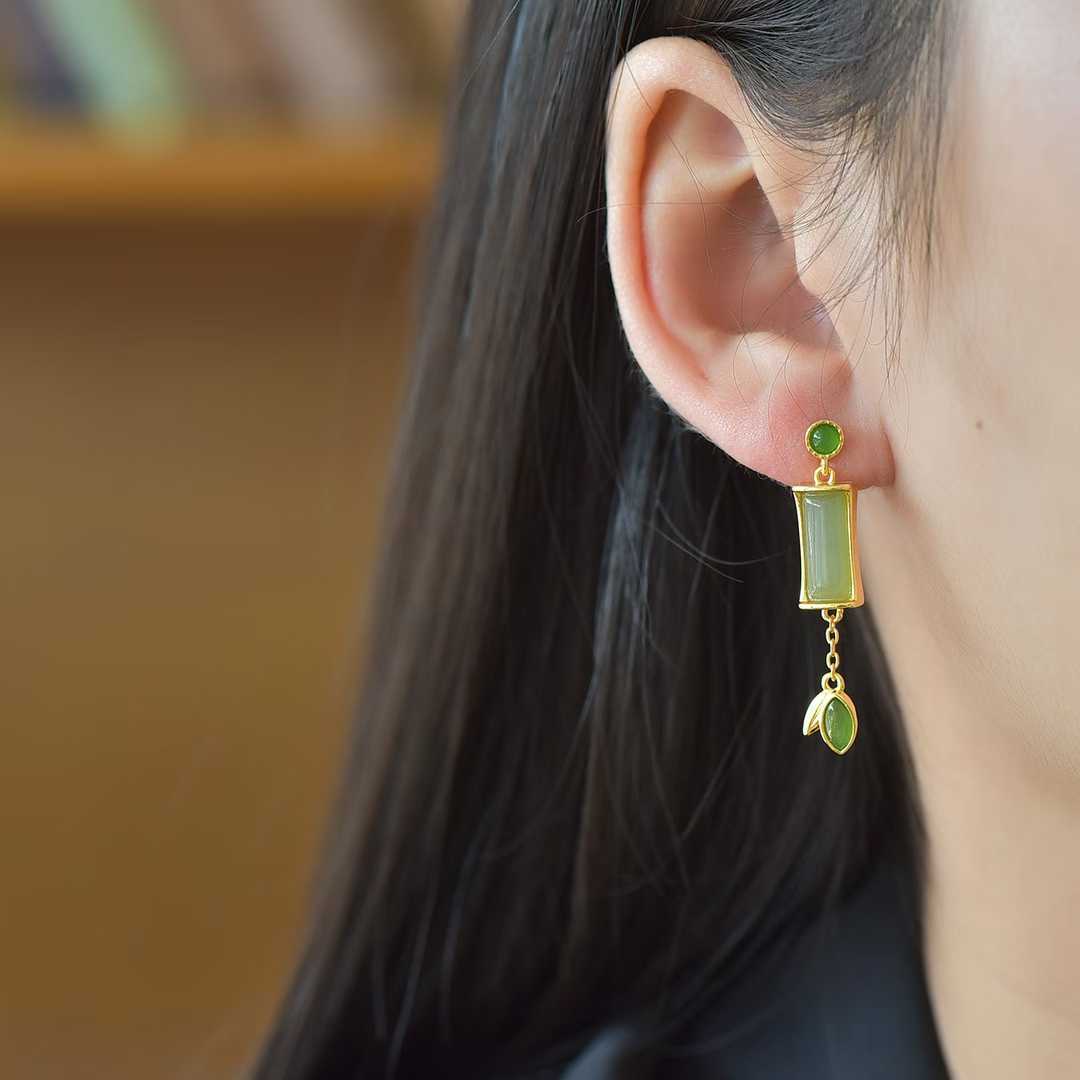 925 Silver Inlaid Hetian Nephrite (Clear Water Variety) "Steady Progress" Stud Earrings