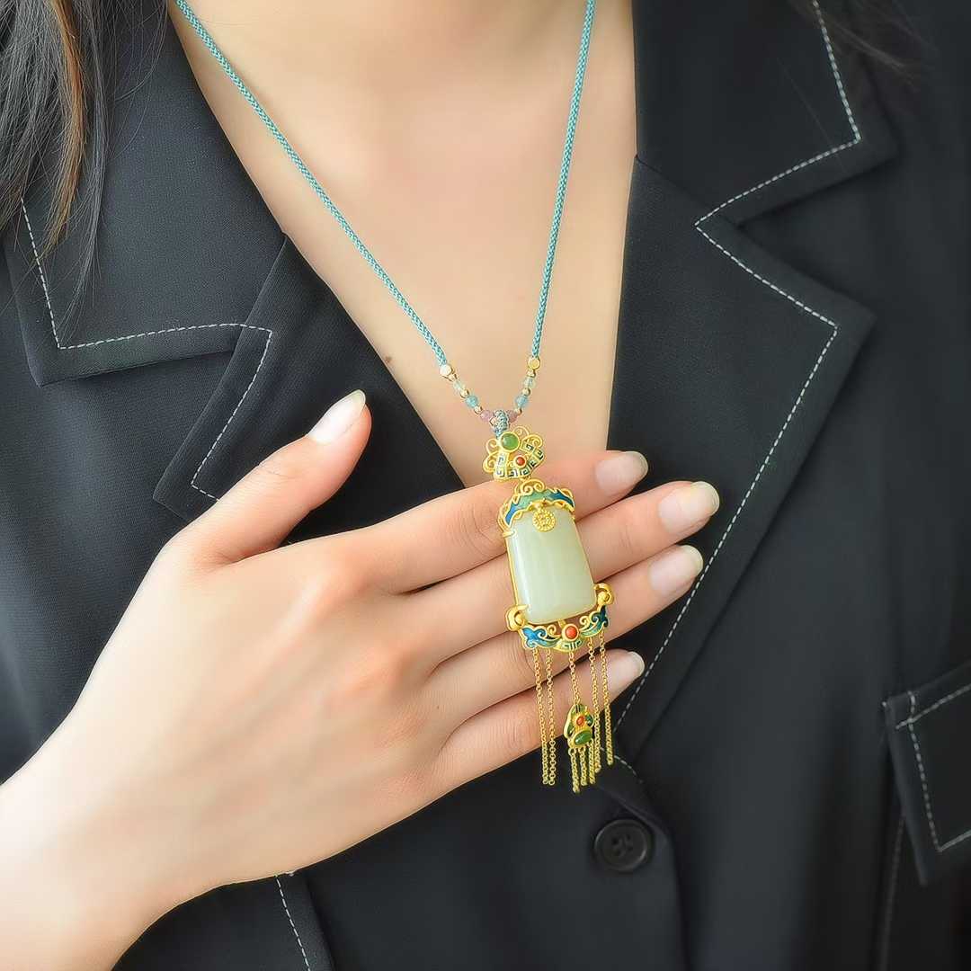925 Silver Inlaid Hetian Nephrite "Endless Blessings & Tassel" Pendant