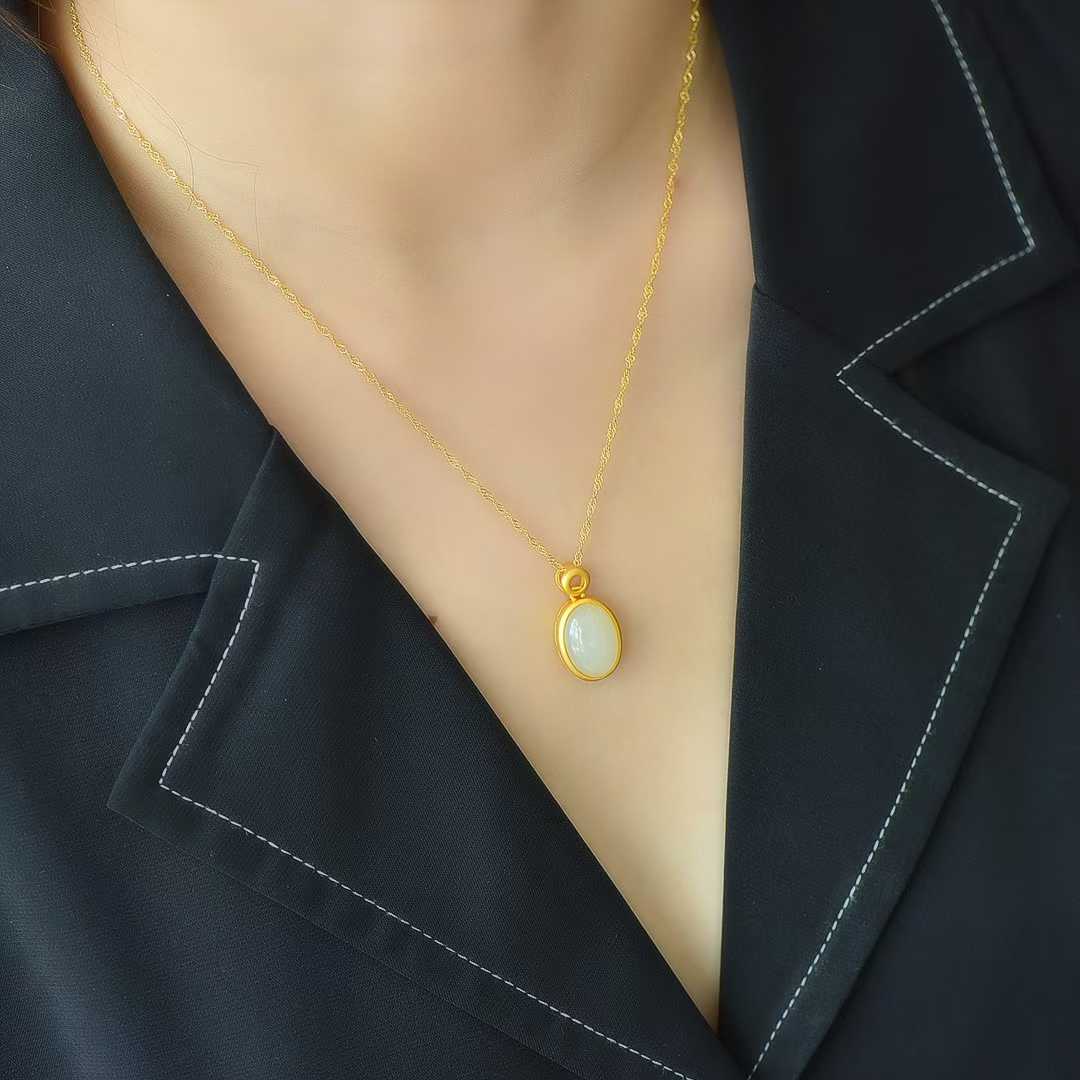 925 Silver-Inlaid Hetian Jade Cabochon Plain Silver Pendant