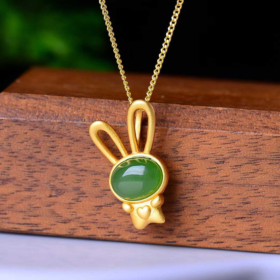 925 Sterling Silver-Inlaid Hetian Green Jade Rabbit 🐰 Pendant with Thick Matte Gold Plating