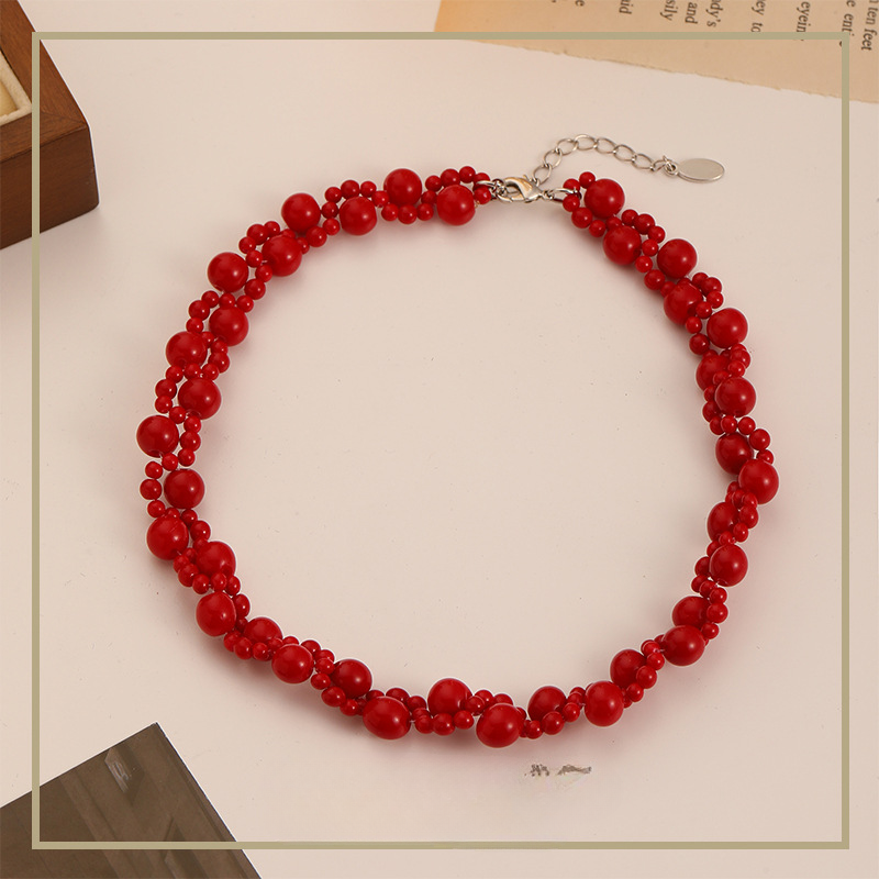 Collar de cuentas rojas trenzadas de doble capa estilo chino retro