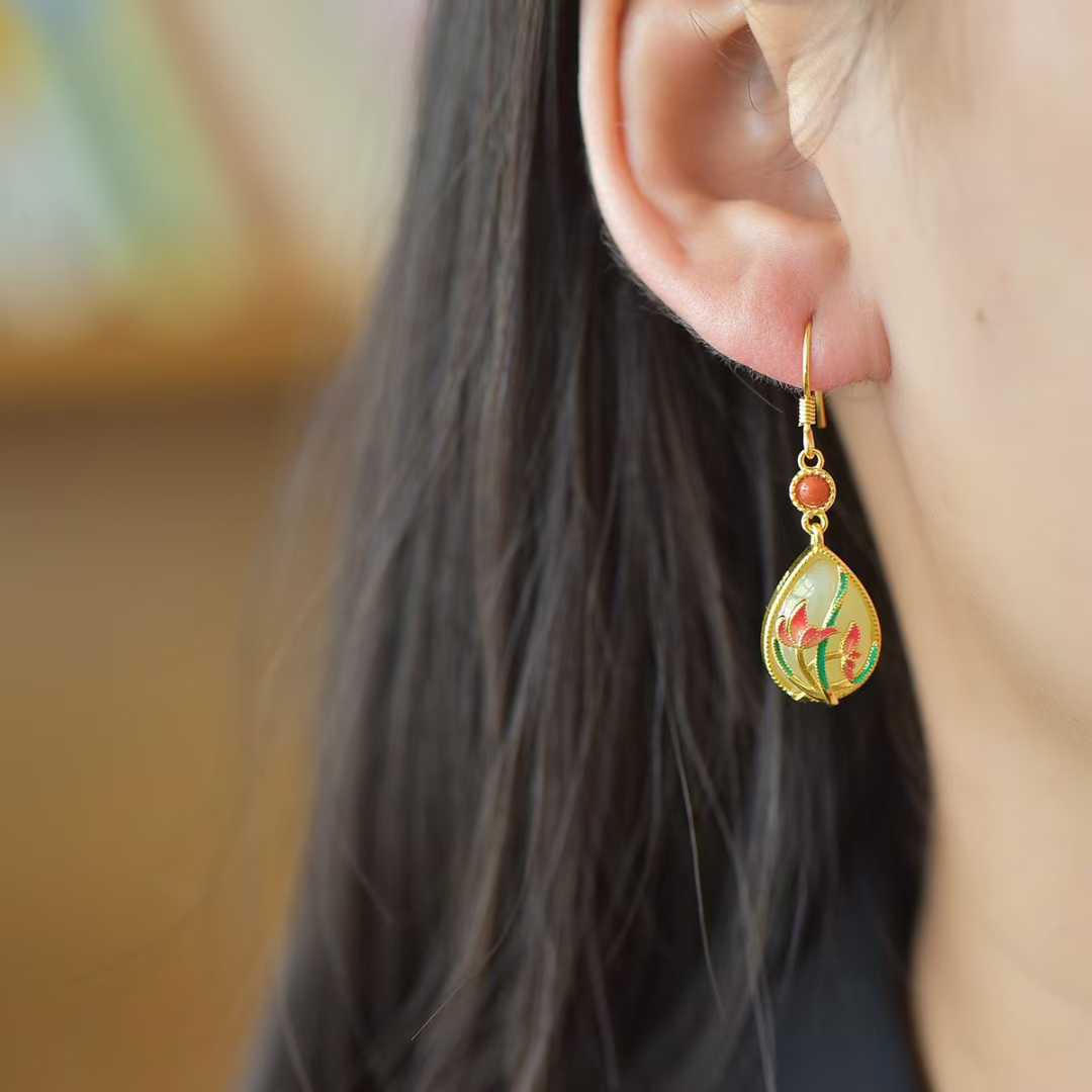 925 Silver Inlaid Nephrite "Harmonious Beauty" Teardrop Earrings