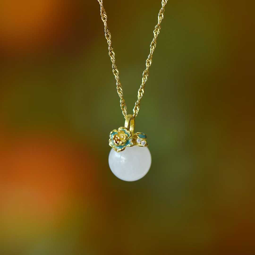 S925 Silver Inlaid Hetian White Nephrite Bead "Flowers Bloom & Fortune Arrives" Minimalist Elegance Jewelry Set
