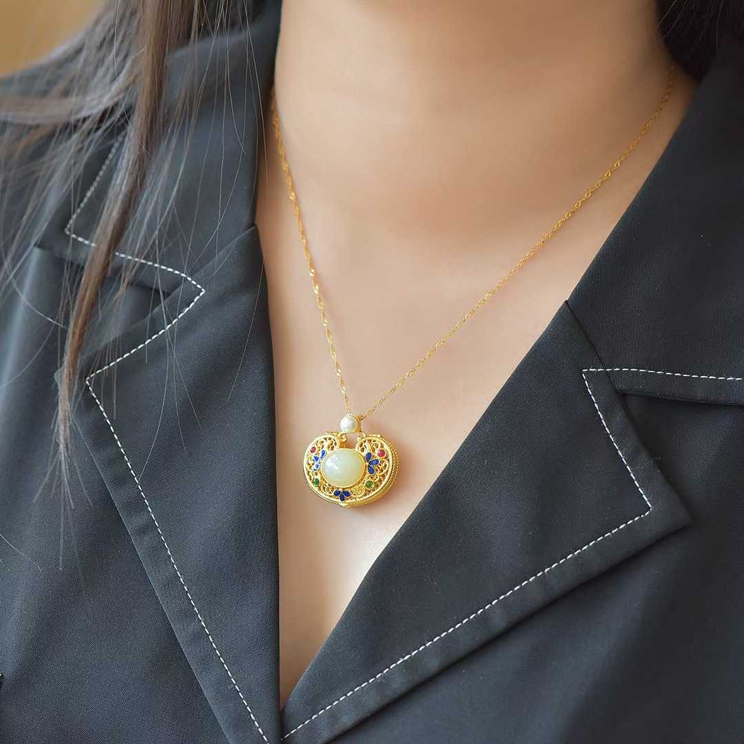 S925 Silver Inlaid Hetian Nephrite "All Wishes Come True & Ruyi Lock" Pendant