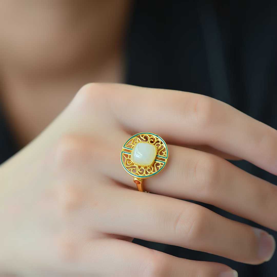 925 Silver Inlaid Hetian Nephrite "Longevity Vine" Ring