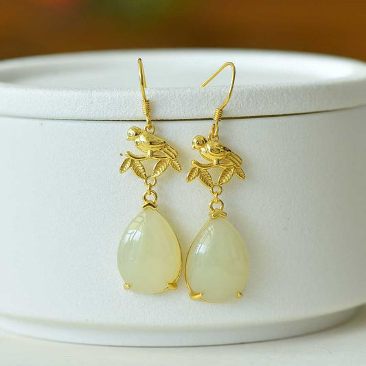 925 Silver Nephrite "Double Happiness Arrives" Teardrop Earrings