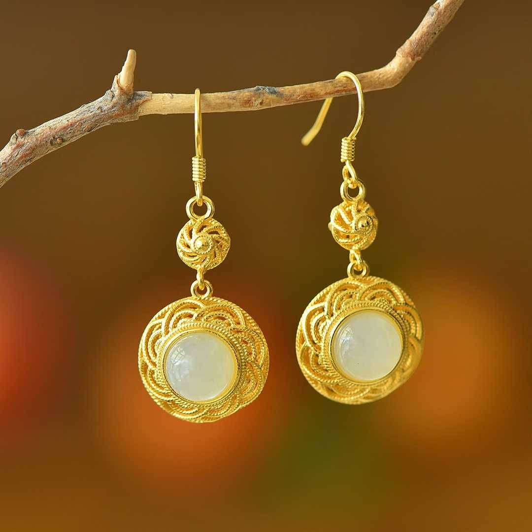 925 Silver Inlaid Nephrite "Flowers Bloom in Prosperity" Earrings