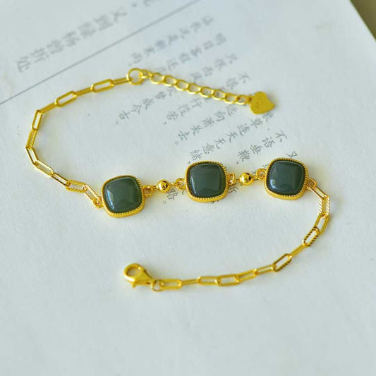 925 Silver Inlaid Hetian Green Nephrite Bracelet