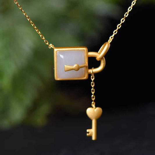 925 Silver Inlaid Hetian Nephrite "Smoky Gray Key & Lock" Pendant