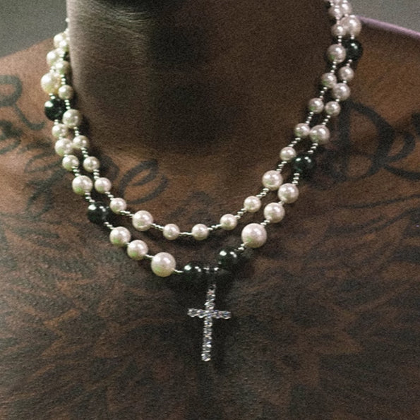 Cadena de hip hop con colgante de cruz de perla;
