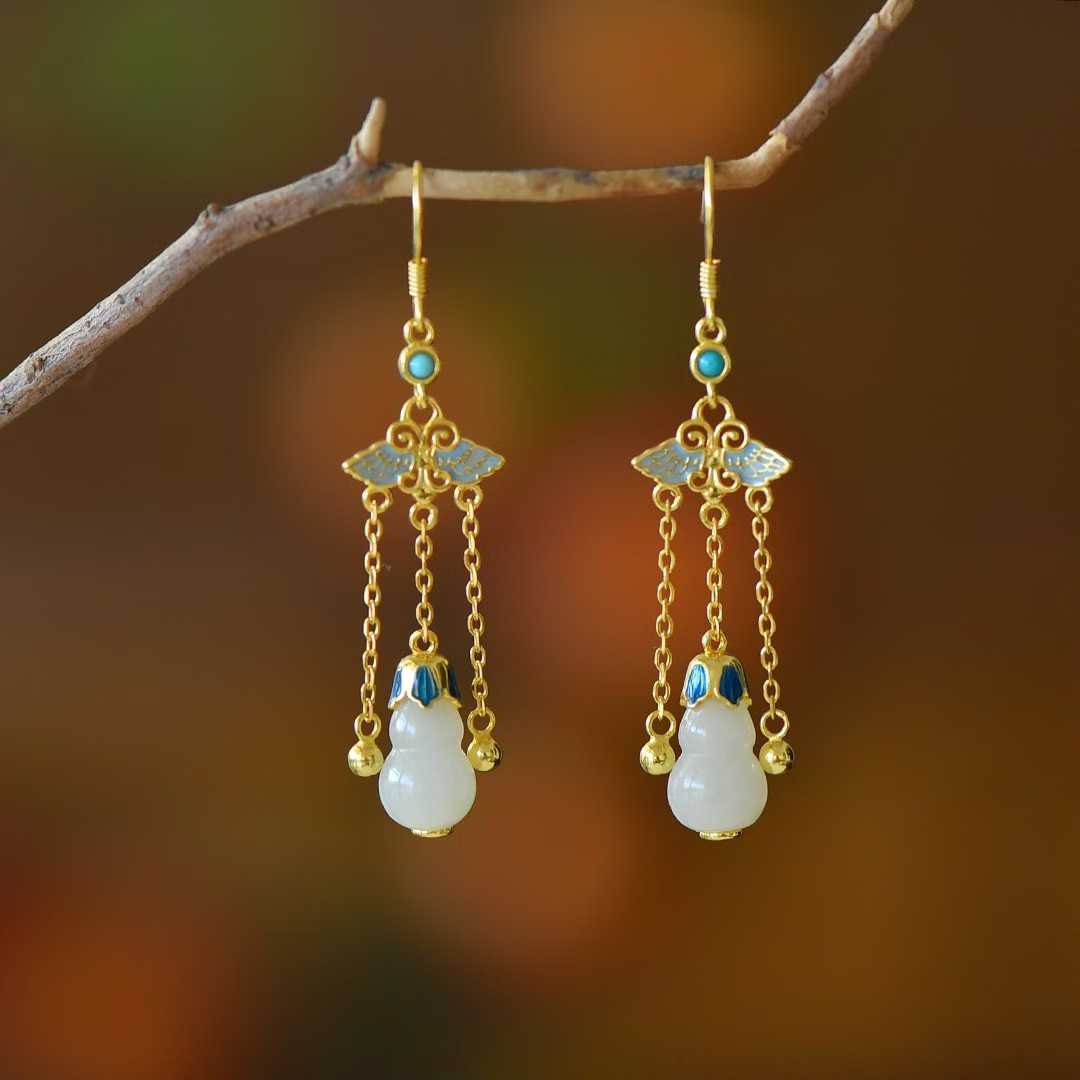 925 Silver Inlaid Nephrite "Blessings, Prosperity & Health" Tassel Earrings