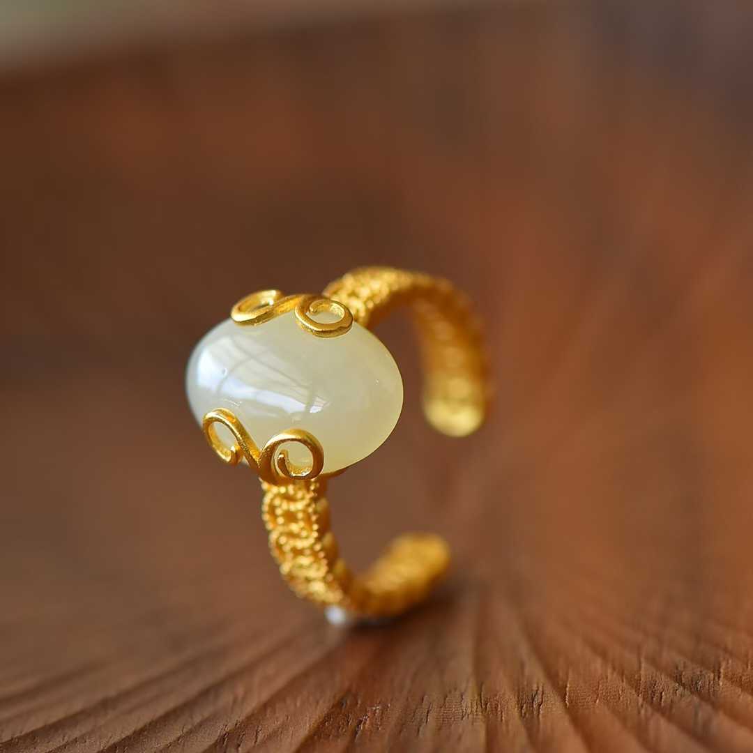 925 Silver Inlaid White Hetian Nephrite "Auspicious Copper Coin" Ring