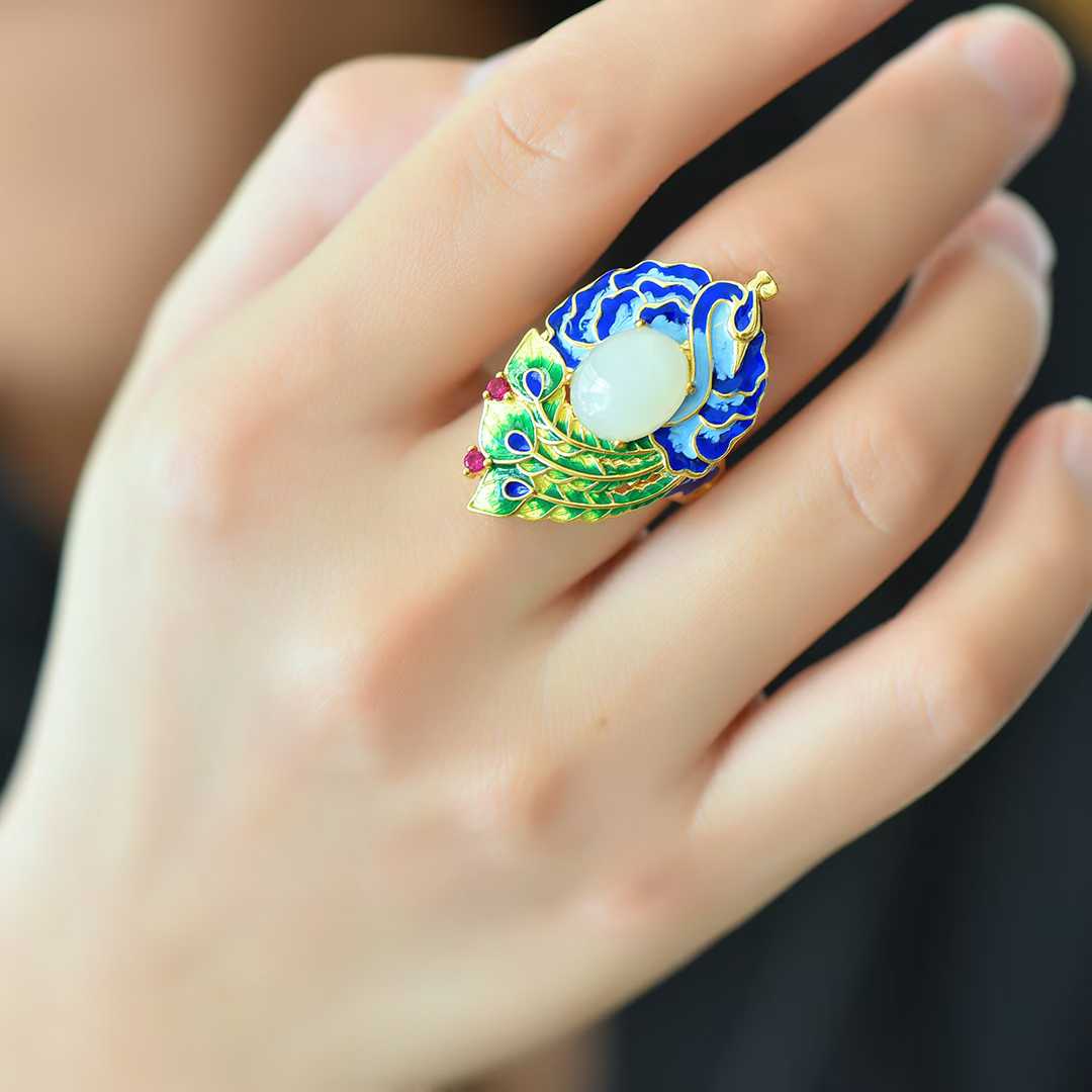 925 Silver Inlaid Hetian Nephrite Phoenix Ring