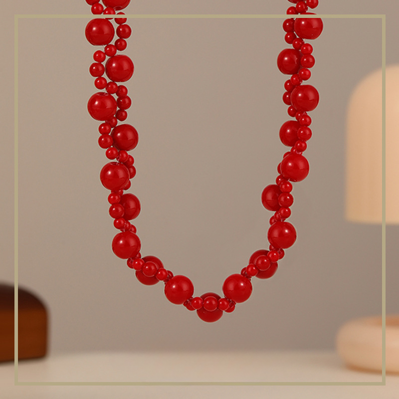 Collar de cuentas rojas trenzadas de doble capa estilo chino retro