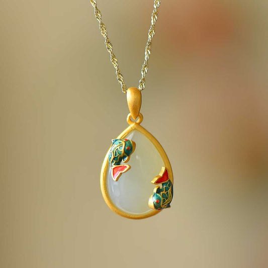 Ancient-Style Silver Inlaid Hetian Nephrite "Lotus & Fish (Year After Year Abundance)" Enamel Set