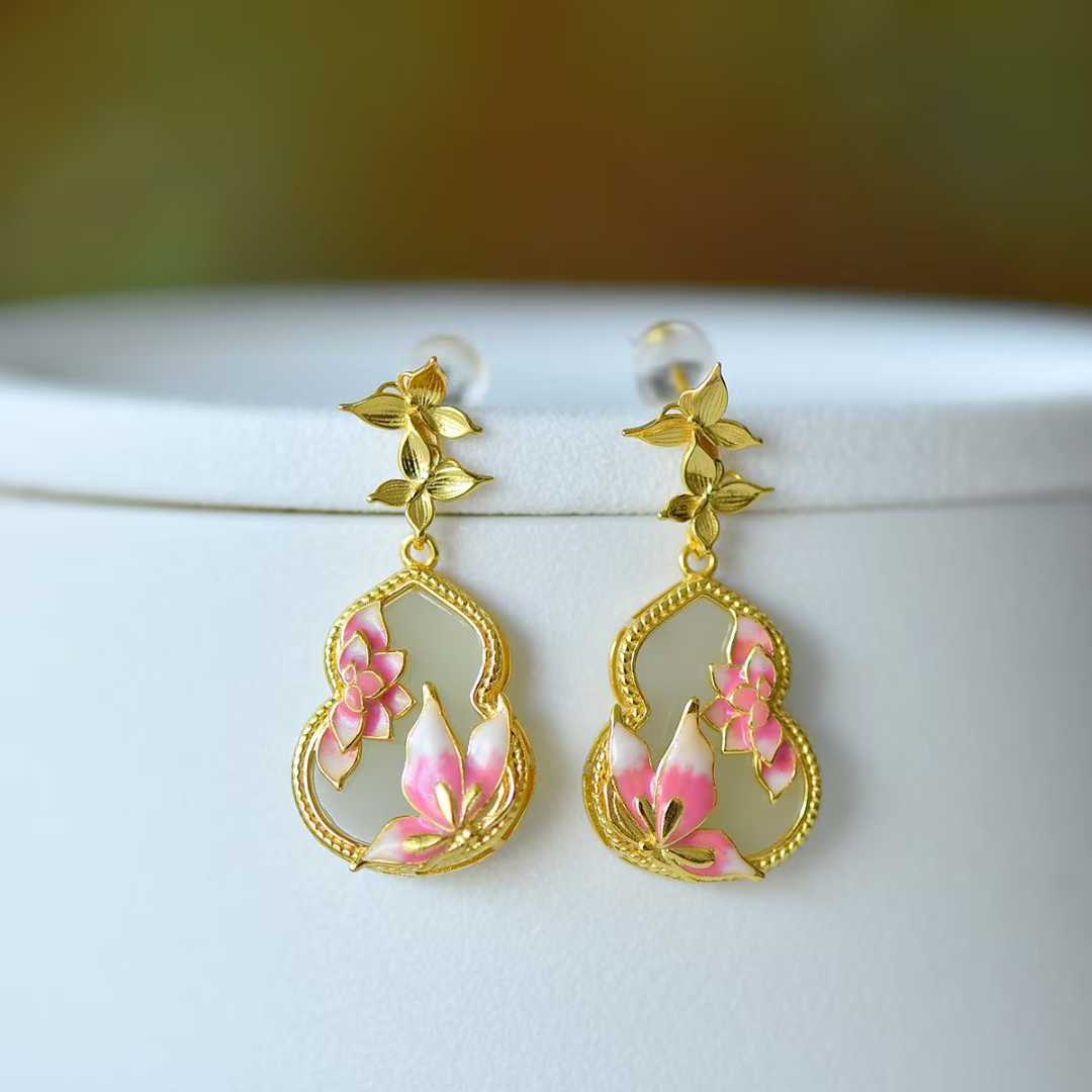 S925 Silver Inlaid Hetian Nephrite "Flat Gourd & Butterfly-on-Flower" Minimalist Elegance Jewelry Set