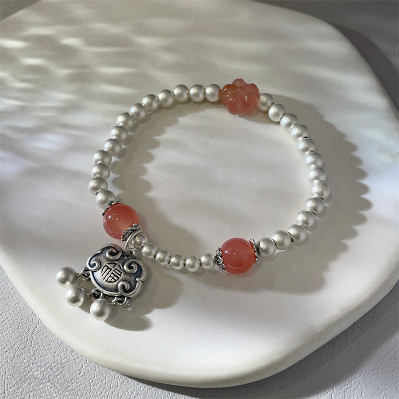Chinese Good Luck Charm Agate Silver Bead Bracelet