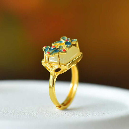 925 Silver Inlaid White Hetian Nephrite "Colorful Butterflies Dancing" Ring